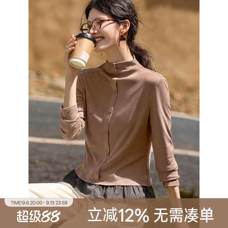 XWI欣未假两件荷叶摆半高领打底衫女秋冬新款内搭可外穿T恤上衣图片
