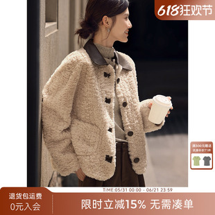 XWI欣未短款皮革拼接仿羊羔毛外套女2025年冬季气质皮毛一体上衣