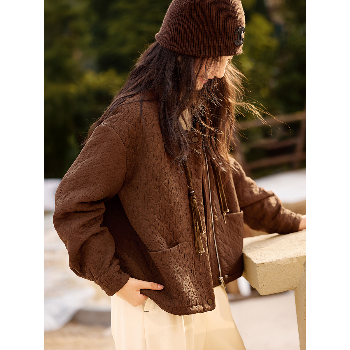 XWI欣未美拉德菱格肌理感短外套女冬季新款宽松显瘦休闲夹克上衣