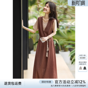 XWI欣未波西米亚镂空针织连衣裙女2025春夏收腰绑带假两件拼接裙