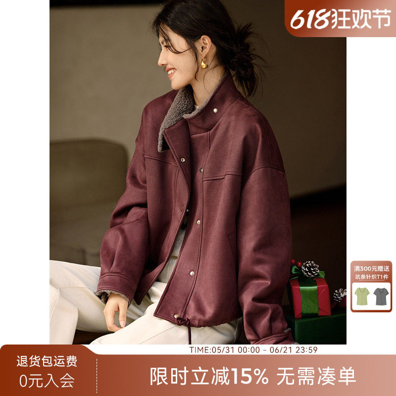 XWI欣未安可拉红麂皮绒夹棉外套女2025冬季宽松显瘦保暖夹克上衣