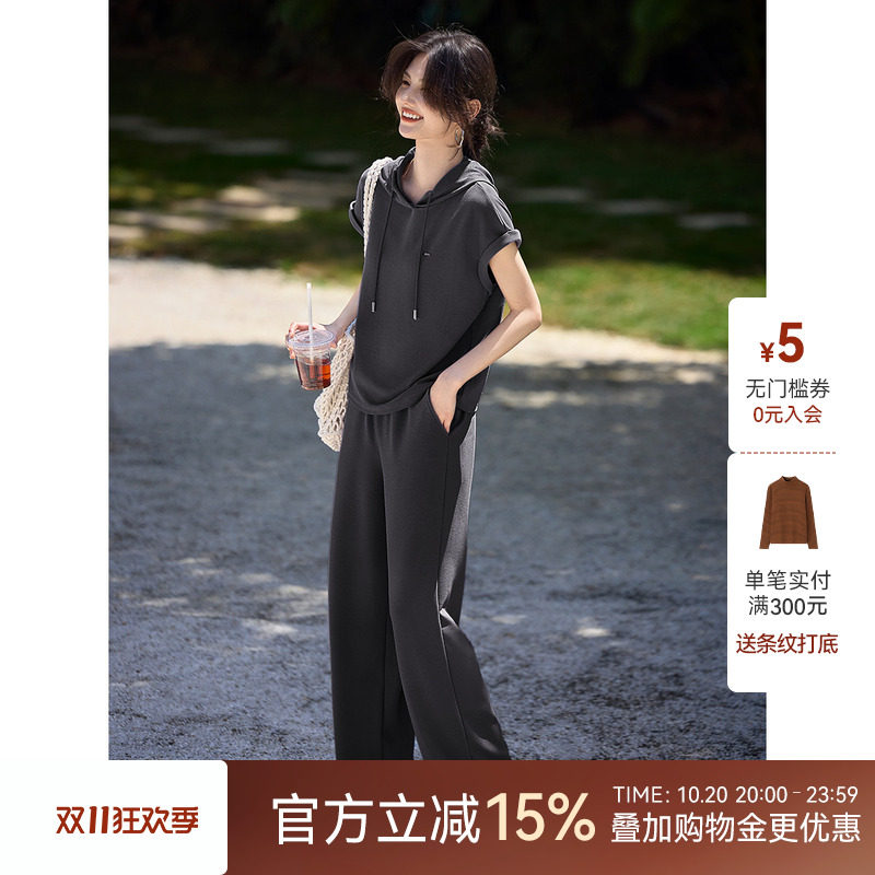 XWI欣未纯色时尚休闲运动套装女2026夏季连帽短袖卫衣裤子两件套