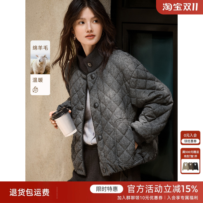 XWI欣未含羊毛撞色针织菱形棉衣棉服女冬小个子宽松显瘦短款外套