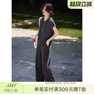 XWI欣未纯色时尚休闲运动套装女2026夏季连帽短袖卫衣裤子两件套