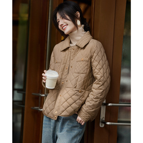 XWI欣未小香风翻领短款菱形格棉服女2025年冬季简约百搭气质棉袄