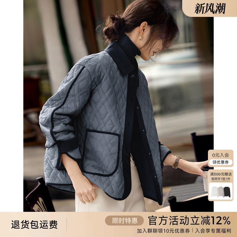 XWI欣未休闲百搭拼色棉服外套女2025年秋冬新款轻薄保暖棉袄上衣