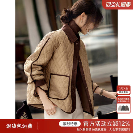 XWI欣未休闲简约大方拼色棉服外套女2025年冬季轻薄保暖棉袄上衣