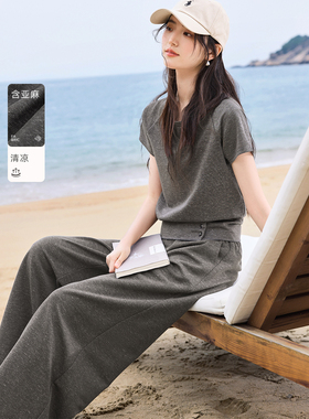 XWI欣未含亚麻清凉灰色时尚套装女2026夏季新款短袖阔腿裤两件套