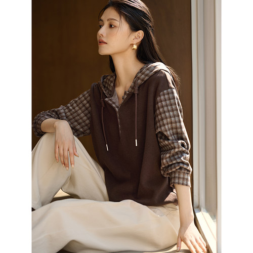 XWI欣未复古假两件格纹拼接卫衣女2025秋冬新款加厚磨毛连帽上衣