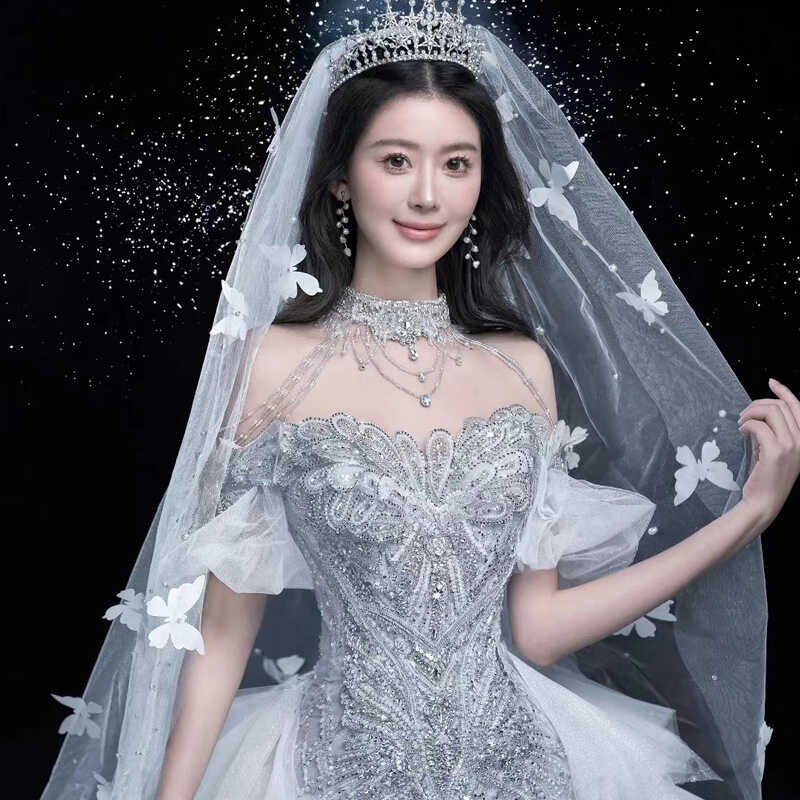 鱼尾浪漫淡蓝色婚纱嫁衣新娘重工奢华一字肩大拖尾高级质感主纱