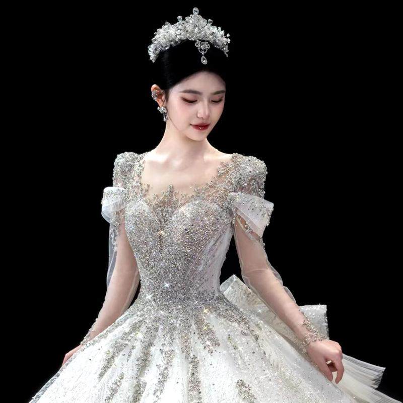 长袖婚纱2024新款新品新娘婚纱宫廷风白色法式重工奢华女大拖尾