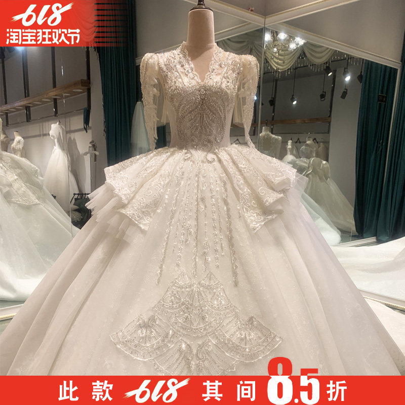 婚纱短袖婚纱2024新款新娘主婚纱主纱重工高级大拖尾夏季小个子女