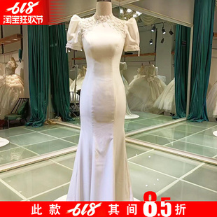 主婚纱礼服2024新款新娘气质小拖尾高定婚纱奢华泡泡袖女鱼尾礼服