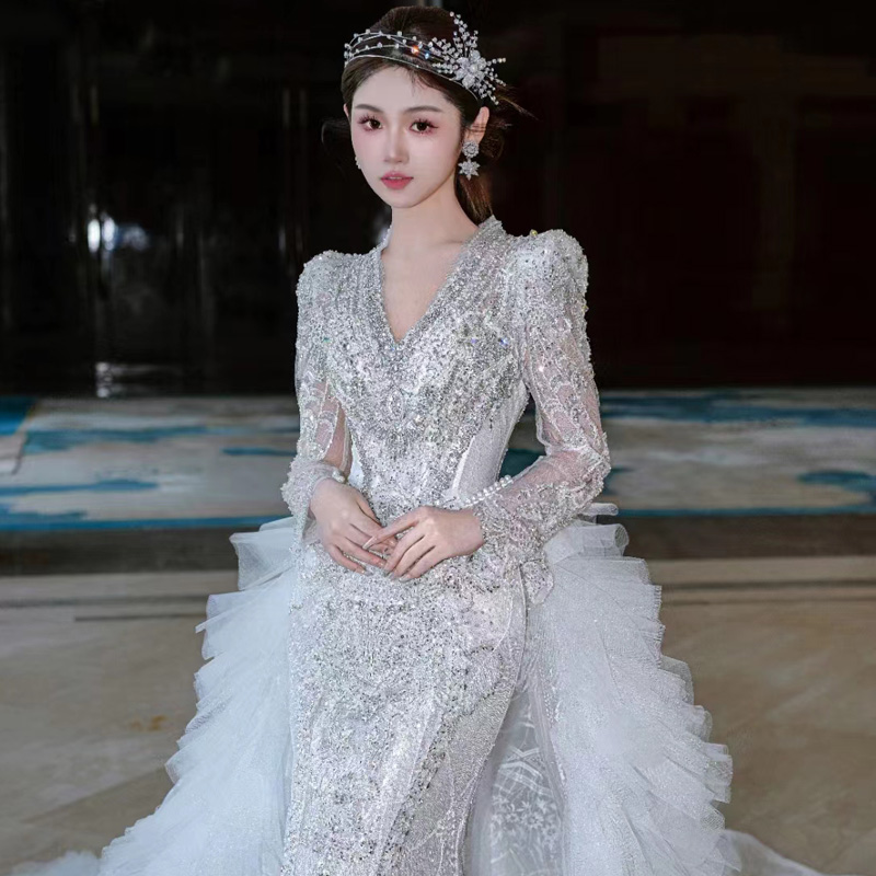 重工婚服婚纱鱼尾婚纱2024新款秋冬鱼尾婚纱主婚纱长袖鱼尾法式女