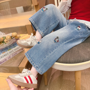 女童牛仔裤春秋款2026新款儿童春季女宝宝猫咪春装直筒裤阔腿裤子