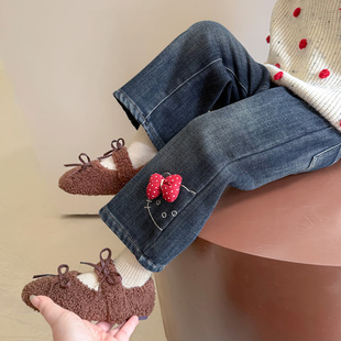 女宝宝秋冬季 儿童牛仔裤 加厚外穿蝴蝶结 子2025新款 女童加绒直筒裤