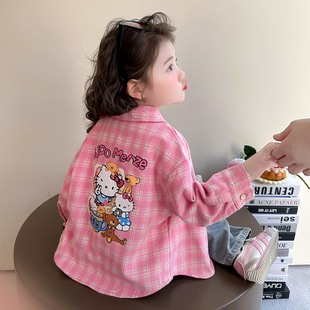 女童格子衬衫长袖春秋2026新款儿童衬衣女宝宝猫咪早春季春装外套