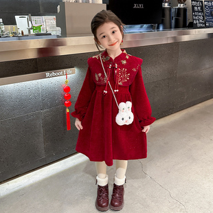 女童红色拜年服连衣裙2025冬季新款儿童冬装裙子女宝宝中国风兔包