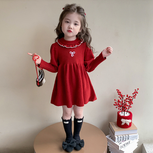 女童秋冬季连衣裙2026新款红色儿童过年拜年服花边女宝宝毛衣裙子