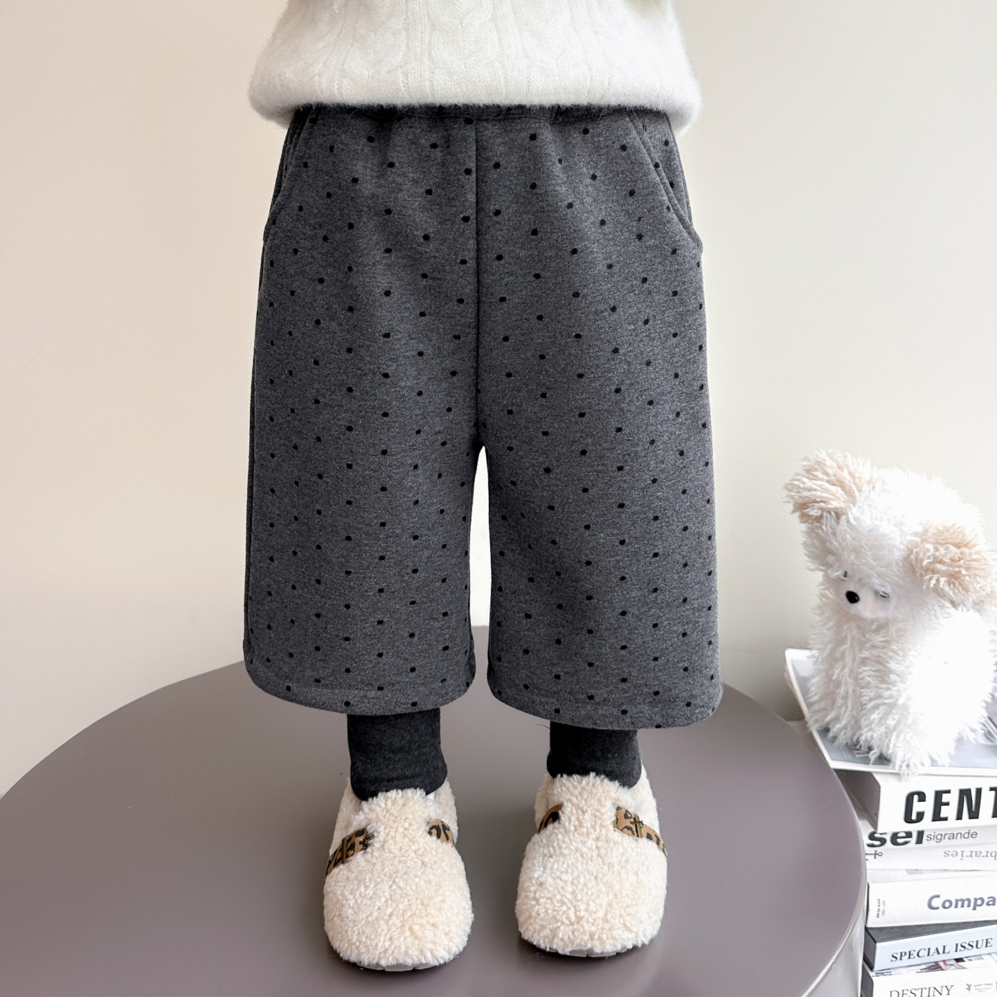 女童格子阔腿裤秋冬加绒七分裤