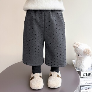 假两件宝宝加厚波点秋冬季 儿童一体绒直筒裤 子加绒2025新款 女童裤