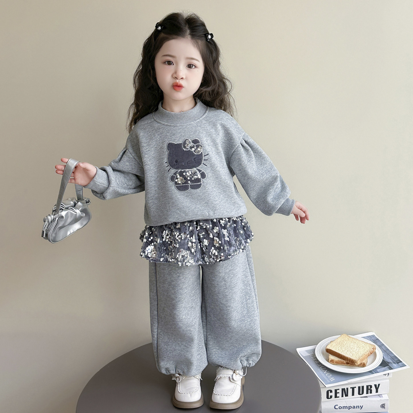 女童加绒套装2026新款儿童洋气时髦卫衣冬装女宝宝秋冬季加厚猫咪