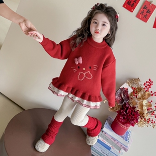 女童毛衣2026新款儿童猫咪针织衫女宝宝拜年服新年过年衣服装红色