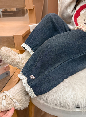 女童牛仔裤秋冬季2025新款儿童加绒一体绒女宝宝加厚外穿休闲裤子