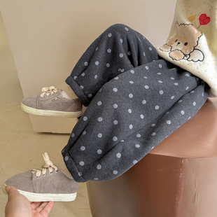 加厚外穿波点女宝宝一体绒休闲裤 儿童秋冬季 子2025新款 女童加绒裤