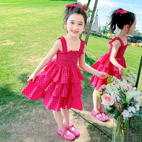 2026夏季新款女童红格连衣裙小女孩吊带裙薄款裙子儿童公主裙夏装