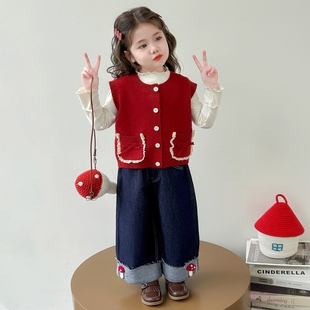 女童套装2025新款儿童洋气时髦早秋马甲女宝宝春秋装毛衣秋季蘑菇