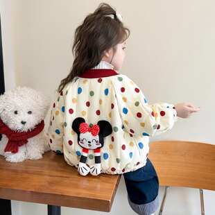 女童加厚外套2026新款秋冬季女宝宝薄棉夹棉儿童加棉初冬上衣波点