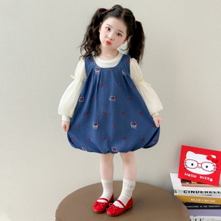 女童春秋牛仔裙子春装2026新款儿童洋气春季连衣裙套装女宝宝猫咪