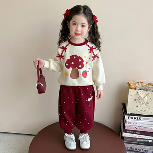 女童春秋款蘑菇套装2026新款洋气时髦儿童女宝宝春季春装早春卫衣