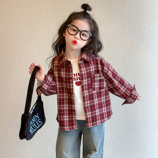 女童格子衬衫套装春秋款2026新款儿童外套衬衣女宝宝春季春装薄款