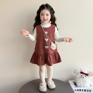 女童连衣裙套装冬装加厚女宝宝裙子蝴蝶结秋冬季2025新款儿童红色