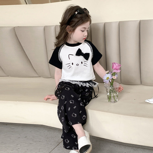 女童夏装套装2026新款儿童猫咪薄款小童时髦女孩宝宝短袖洋气夏季
