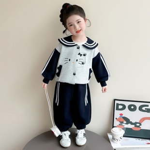 女童春秋学院风套装2026新款洋气时髦儿童女宝宝春季春装猫咪卫衣