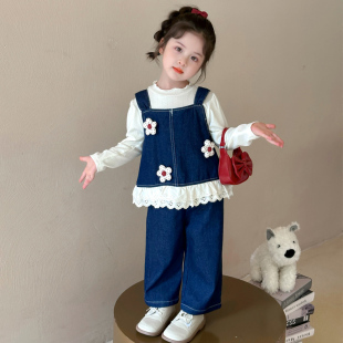 女童春季洋气套装2025新款儿童牛仔花边马甲三件套女宝宝春秋春装