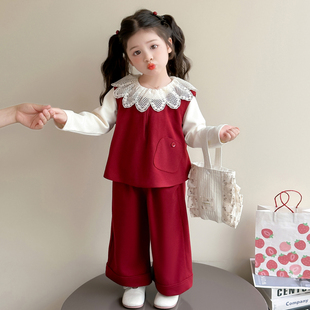 女童套装2025新款儿童洋气时髦春秋薄款早春宝宝春季花边呢子春装