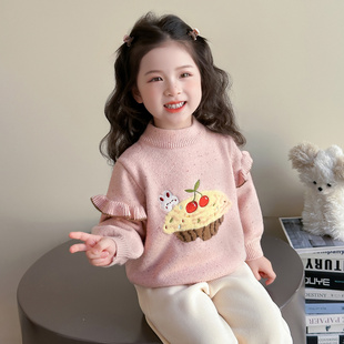 女童毛衣毛线衣2025新款樱桃女宝宝加厚针织打底衫儿童套头秋冬季