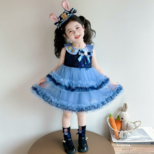 女童生日裙子夏装2026新款儿童夏季连衣裙女宝宝蓝兔公主裙小女孩