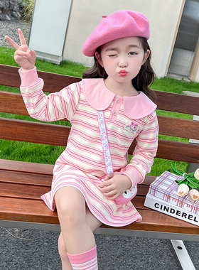 女童春季小女孩条纹连衣裙2026新款女宝宝卡通翻领公主裙儿童裙子