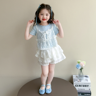 女童洋气夏季短袖蕾丝吊带套装2026新款女孩宝宝夏装短裤夏天时髦