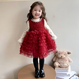 女童连衣裙冬装儿童项链过年衣服公主裙子女宝宝红色拜年服秋冬季