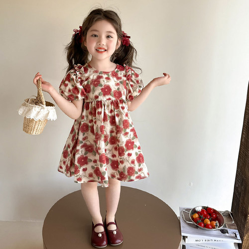 女童碎花儿童夏日连衣裙2025夏季新款女宝宝夏装度假公主裙子玫瑰