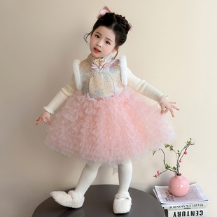 女童连衣裙繁花儿童秋冬季拜年服过年衣服新年国风女宝宝裙子冬装