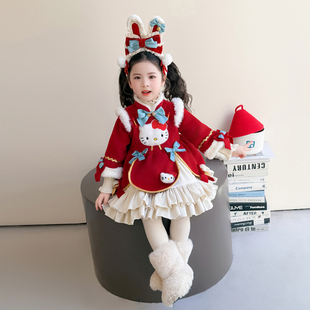 女童拜年服冬装儿童加绒连衣裙2025新款红色喜庆卡通女宝冬季裙子
