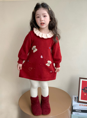 女童过年服连衣裙2025新款红色儿童拜年服冬装小熊女宝宝毛衣裙子