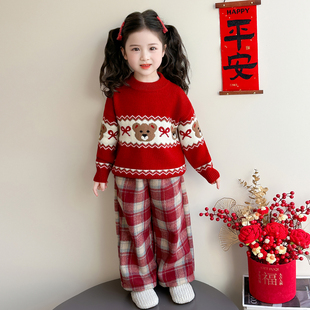 女童小熊拜年服冬装2026新款儿童新年冬季女宝宝红色过年衣服套装